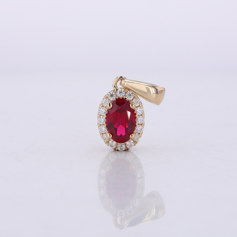 Halo Set 14K Solid Yellow Gold Vintage Oval Synthetic Ruby With D VVS Moissanite Gemstone Pendant