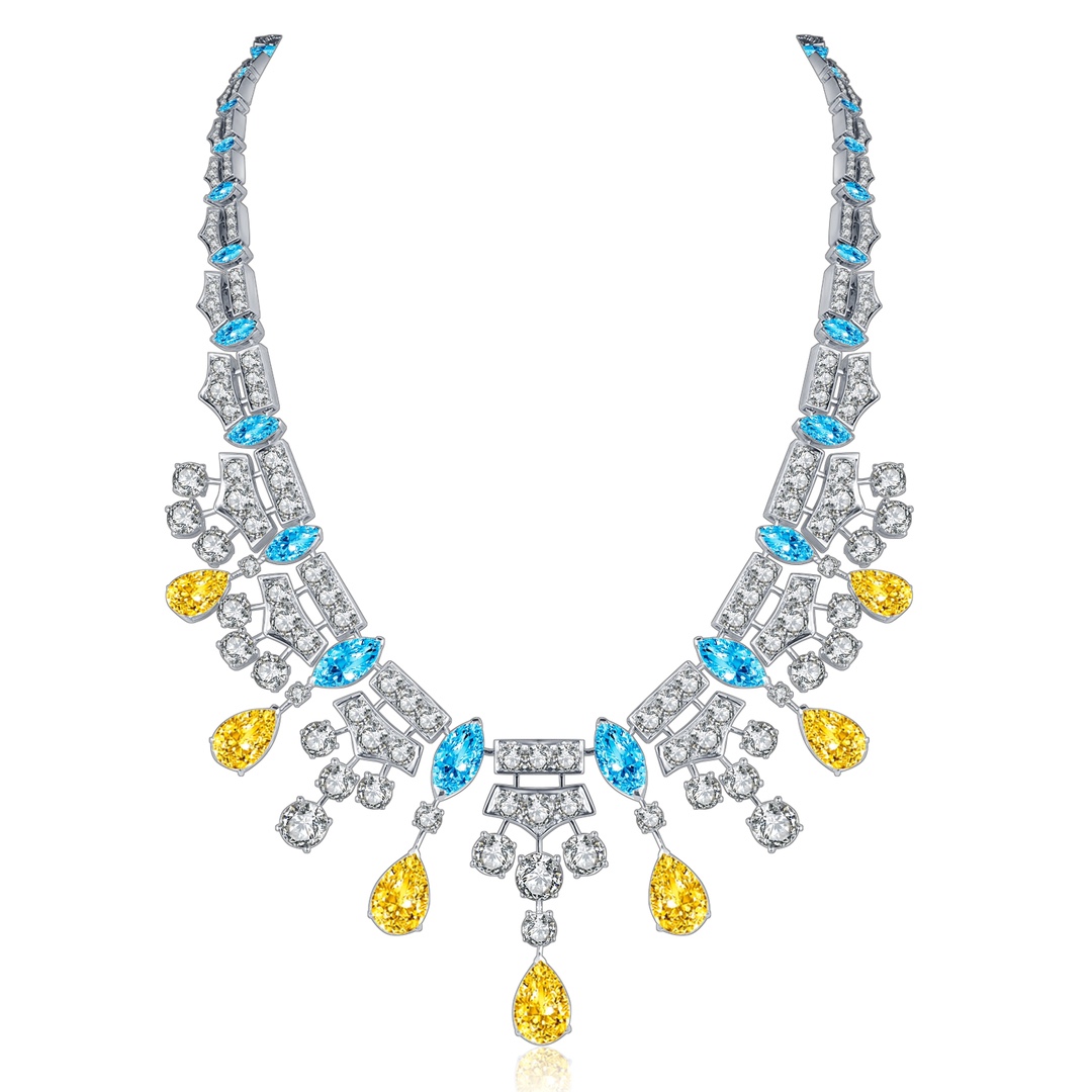 S925 Sterling Silver Luxury Link Chain Necklace with 25.3 Carat Yellow Shimmering Zircon 109.1g Total Weight-Gift
