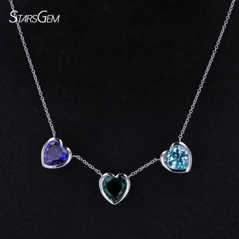 Custom Pendant Necklace 14k Solid White Gold Link Chain With 8x8mm Heart Cut Lab Grown Sapphire Gemstones Gift Jewelry