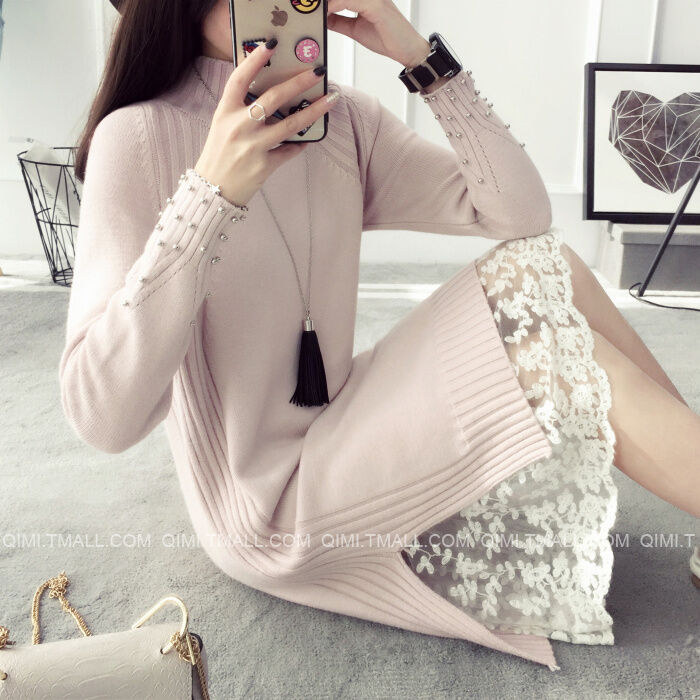 Mid-Length Lace Edge Sweater Women's Pullover New 2022 Autumn and Winter Bottoming Shirt Western Style All-Matching Sweater Dress