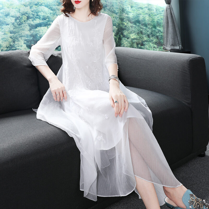 Long Skirts Skirt Chinese Clothing Female Elegant Chinese Style Chinese-style Chinese Style MIMZF Slimming Chinese Clothing White Cheongsam Modified Dress