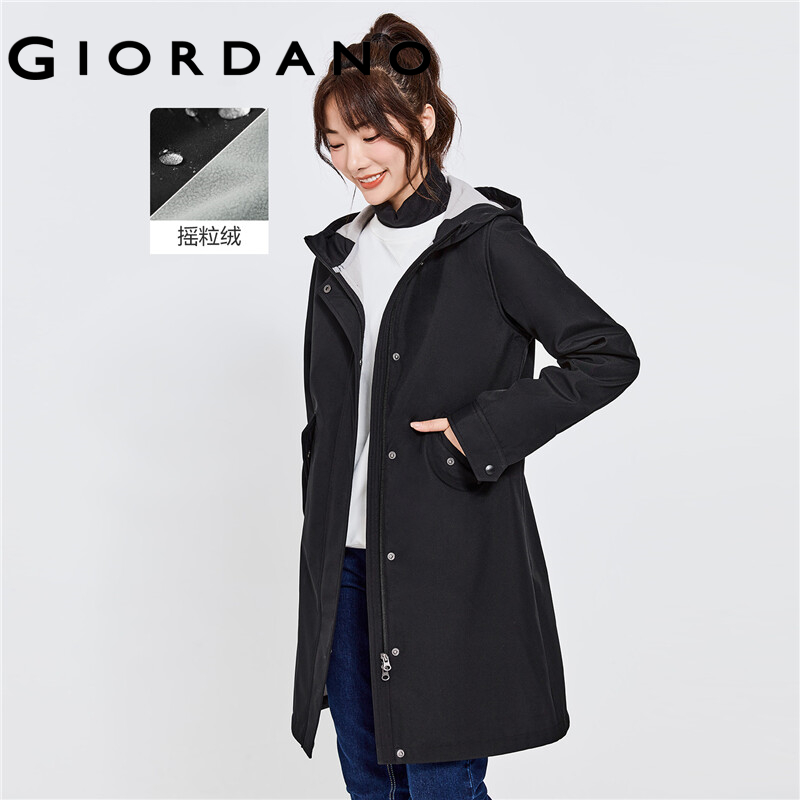 GIORDANO Women Jackets Polar Fleece-Lined Hooded Windbreakers 2-Way Open Zipper Windproof Warm Mid Long Casual Jackets 05372675