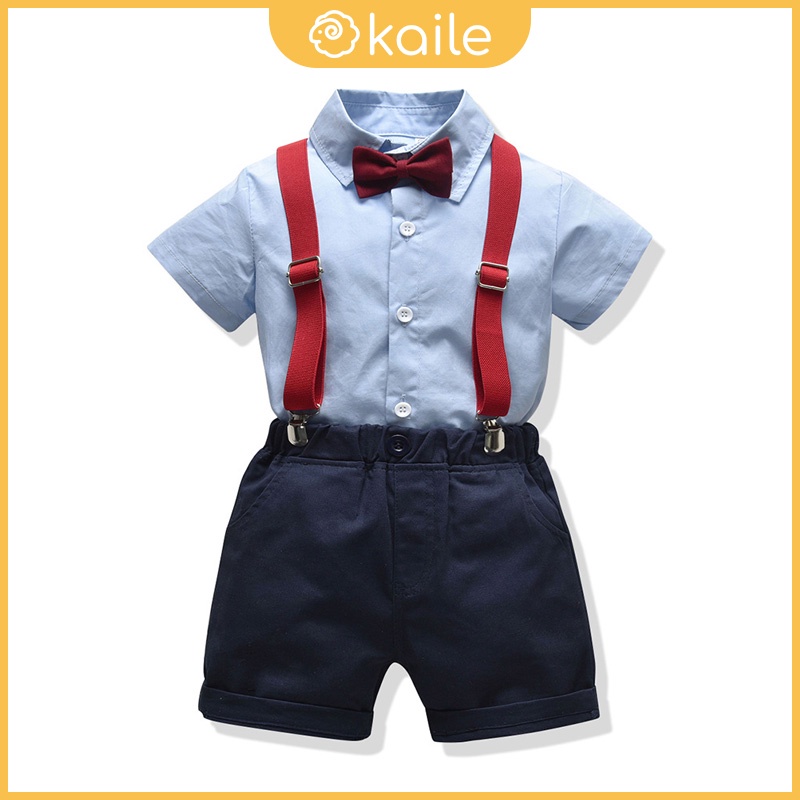 MUGE [2022 New Style] 1-6 Years Old/Boys Spring Summer Gentleman Suit/Blue Short-Sleeved Shirt/Shorts/Red Bow Tie/Birthday Party Dress/kaile Children's Clothing