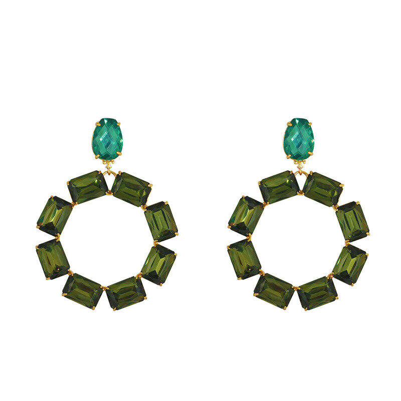 【Hong Kong Authentic Shipping】Tory Burch earrings Tory Burch exaggerated heavy-duty style inlaid with green rhinestones exaggerated Tory Burch earrings female