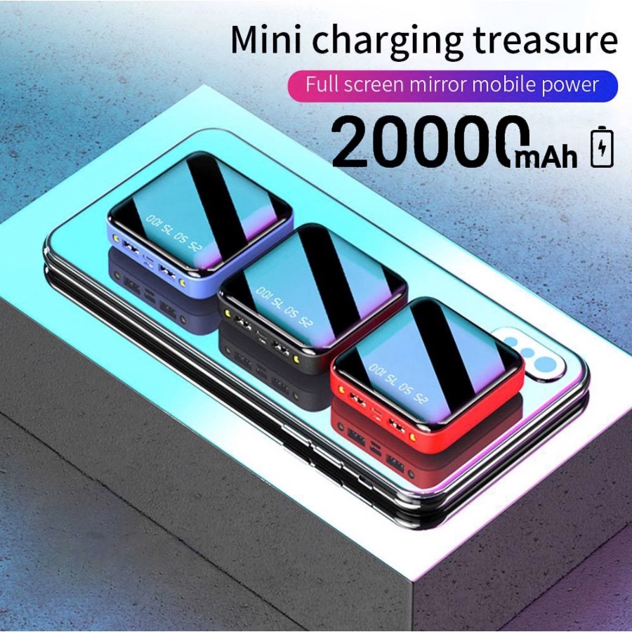 20000mAh Portable Mini Power Bank 4-Wire Big Capacity Power Bank Fast Charging Built-In 4 Cables Digital Display Power Bank Dual Usb Fast Charging Small Size Power Bank Slim Battery Portable Mirror Sc