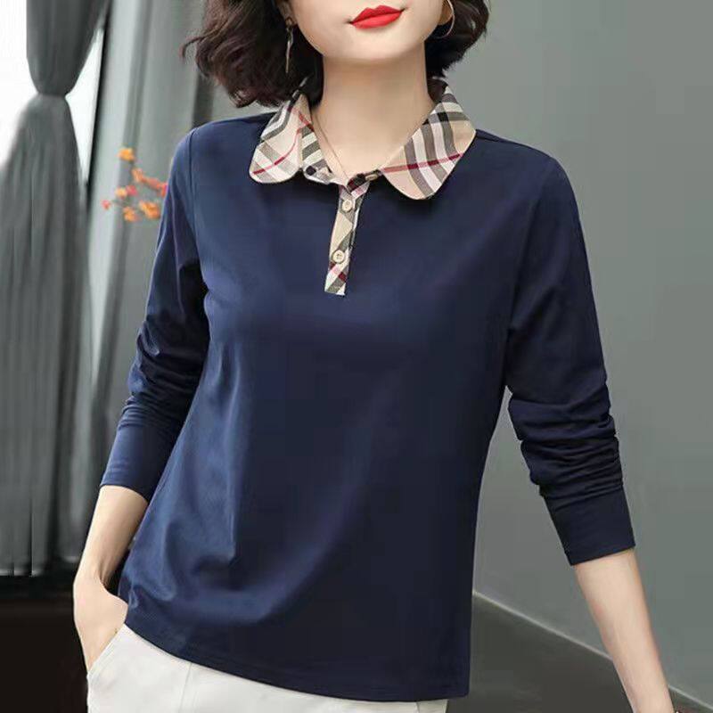 Free Shipping Long sleeve T-shirt Women Plus size Spring and Autumn New Trendy Oversize Temperament Checked Cotton Casual Polo Shirts Female Shirt Basic Stand Collar t shirts Tops