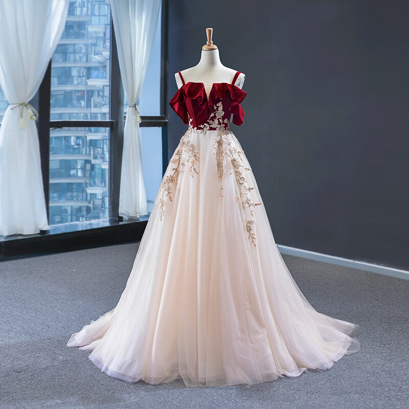 Glary Star Banquet Dress Female Bride Wedding Toast Dress Wedding Dress Shoulder Strap Princess Dress XS-XXXL