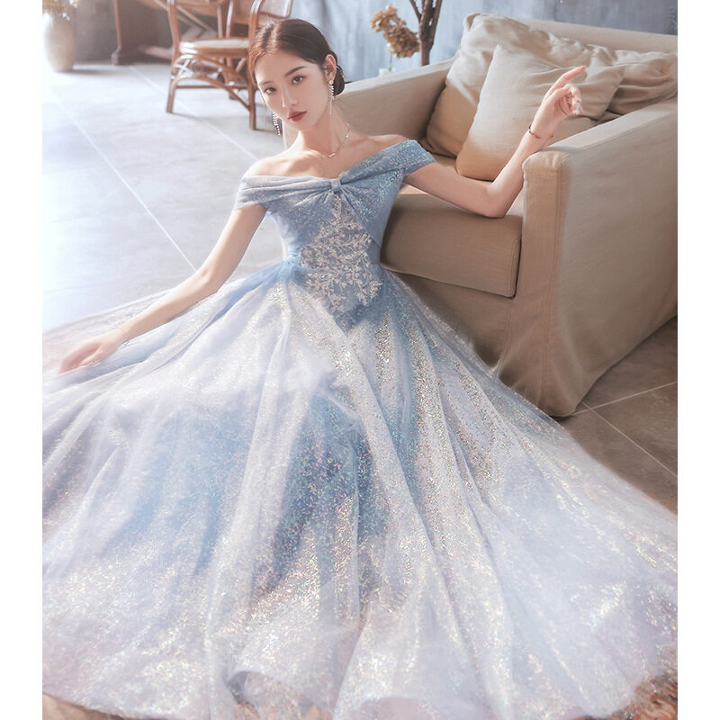 EAGLELY 2022 New Blue Temperament Annual Meeting Art Test Bridesmaid Wedding Gown For Bride Marriage Evening Dress Elegant Dinner Party Women Engagement Gown For Debut 18 Years Old Ninang Wedding Spon