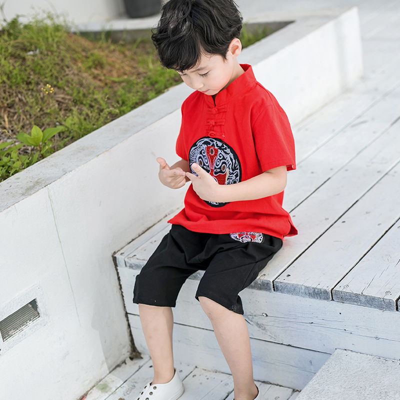 【baixilife】 Boys' Traditional Clothing Children's Short-sleeved Suit Chinese Costume Tang Suit Summer Clothing