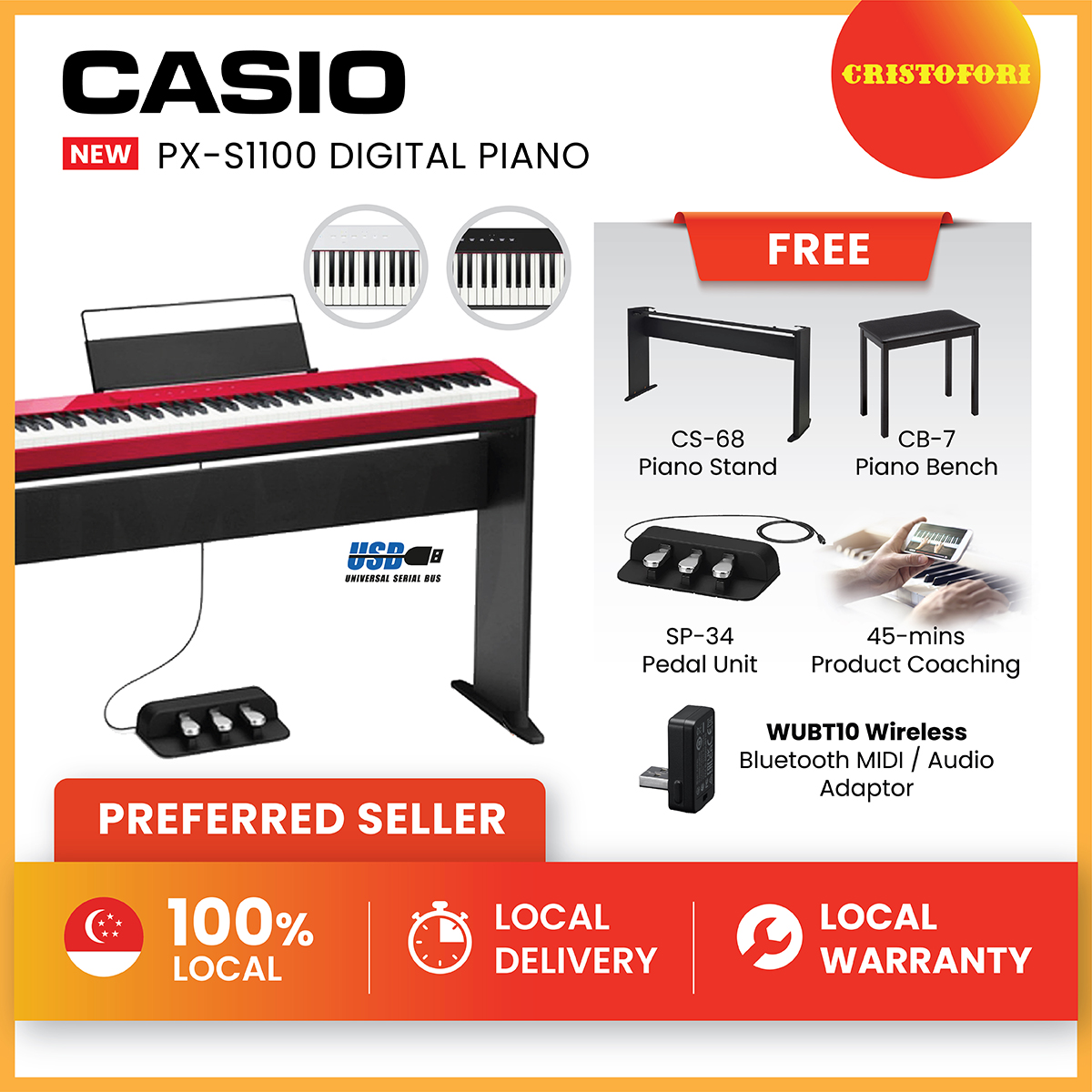 CASIO Privia PX-S1100 (RED) Digital Piano New 2021 Model 88 keys Digital Electronic (PXS1100)