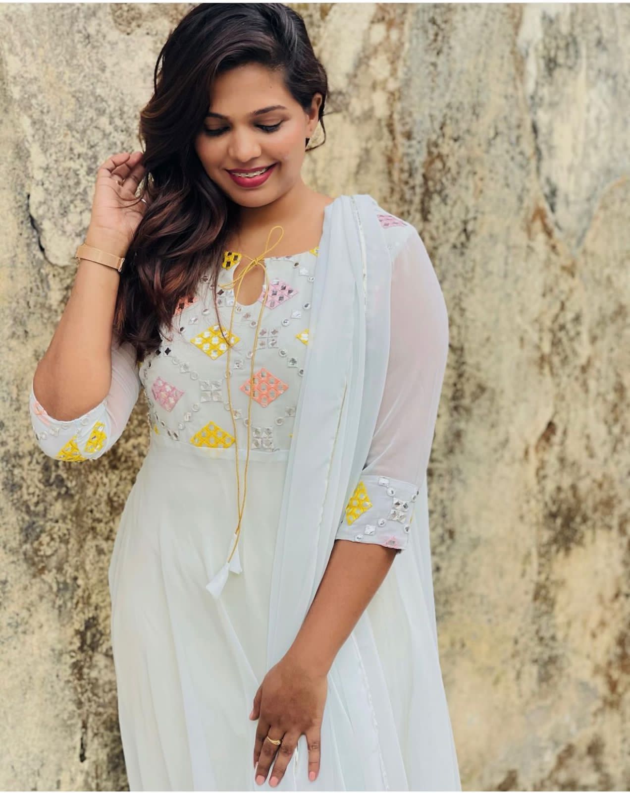 New Launching Women's Georgettte With Foil Mirror Embroidery Work Yoke And Embroidered Dupatta