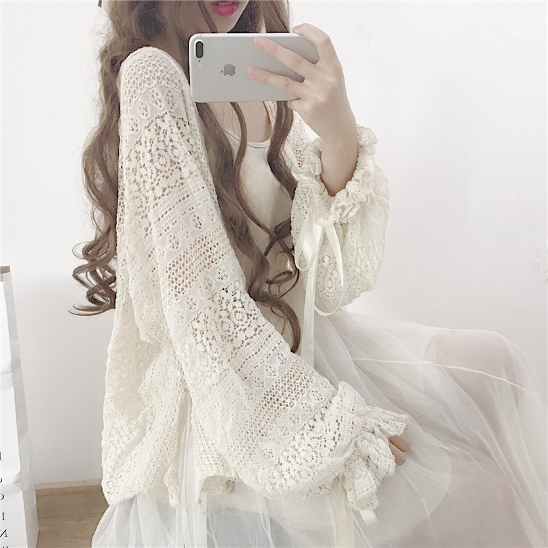 Crochet translucent lace beachwear bell sleeve blouse top sun block bikini cover up loose fit outerwear jacket pretty clothes BLS111