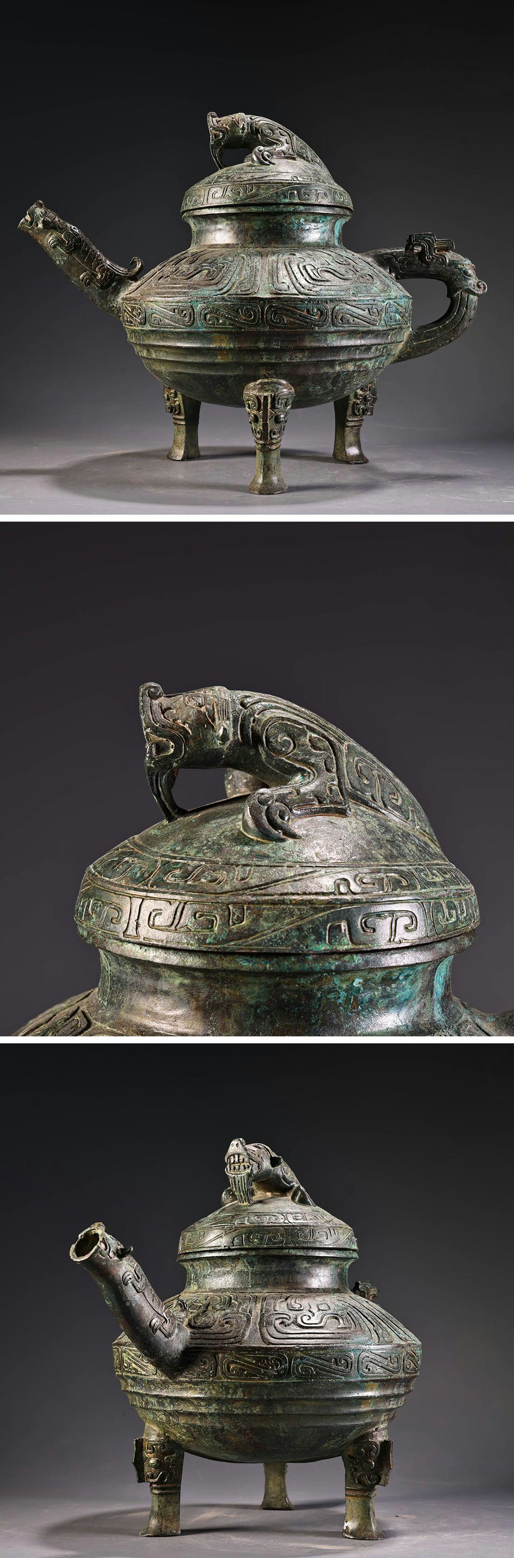 tomomi　古銅三羽鶴蓋置　蒼雲 A rare parcel-gilt silver tripod vessel and cover Tang
